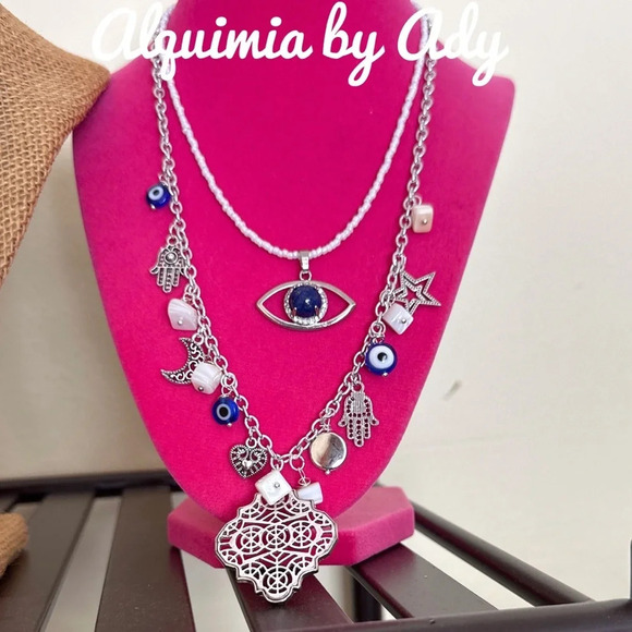 Lapis lazuli mother of pearl beaded layered multi charms maximalist necklace - Picture 4 of 7